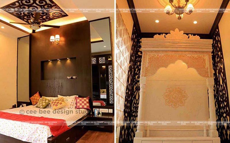 bedroom with bed and ceiling mandir with white mandir structure and warm ceiling lighting