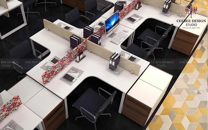 An office with modern desks and ergonomic chairs, showcasing a well-designed interior for optimal productivity.