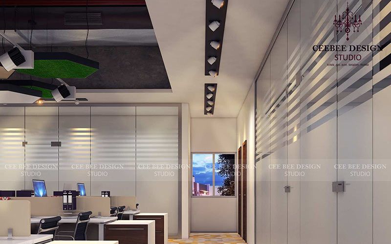 A modern office with white walls and ceiling, showcasing sleek and minimalist office interior design.