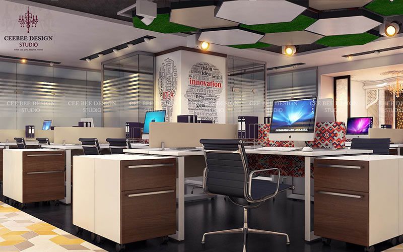 modern office interior design with desks and computers, showcasing a professional work environment