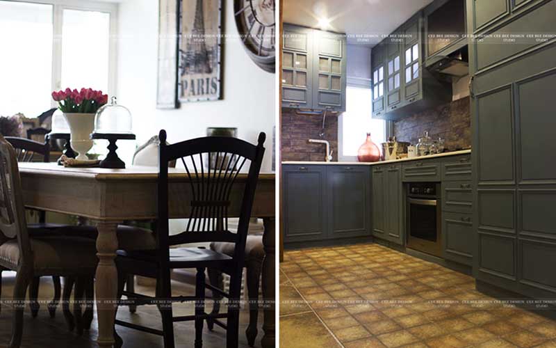 dining room with wooden dining table and chairs and flower pot and modular kitchen in the left with green shelves