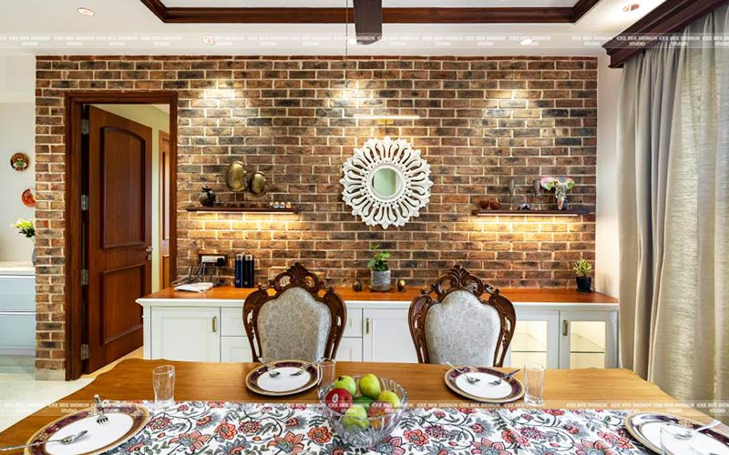 dining table with wooden table and chairs and a small design mirror on wall