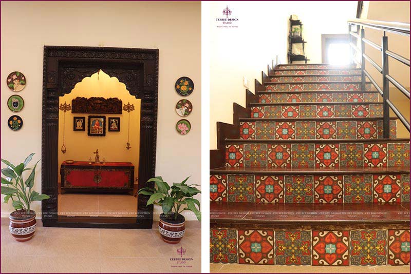 interior of a room with staircase and ornate door featuring decorative tile.