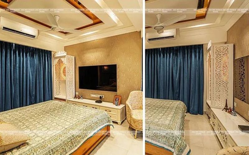 Two pictures of a bedroom with a bed and a television, one of the pictures also includes a puja room.