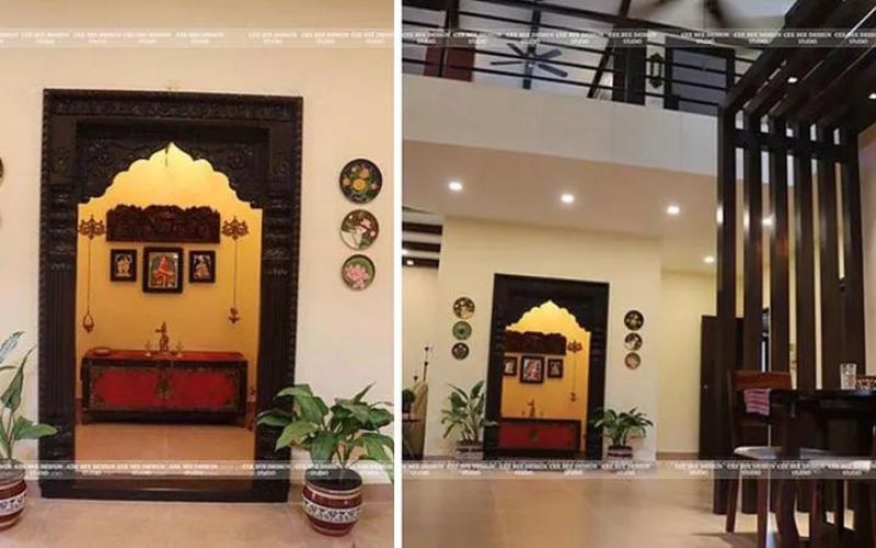 Two pictures of a spacious home featuring a large door and a dining room with a puja room.