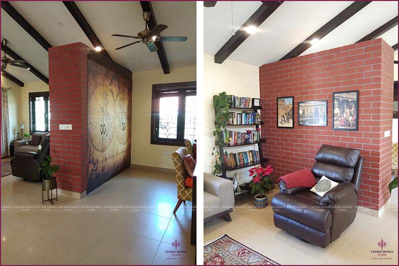 Cozy living room with brick wall and chair.