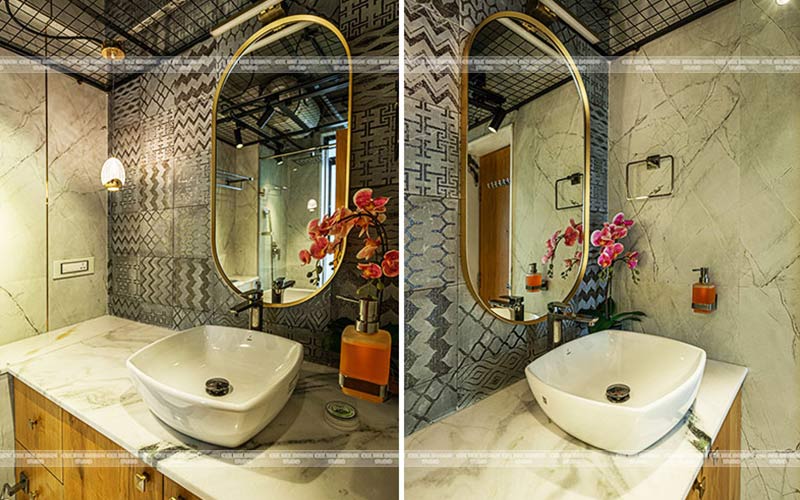 Two pictures of a bathroom with a marble sink and a mirror.