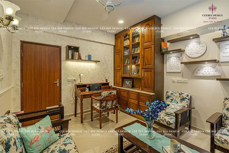 interior design room with wooden book shelf furniture table and flower vase