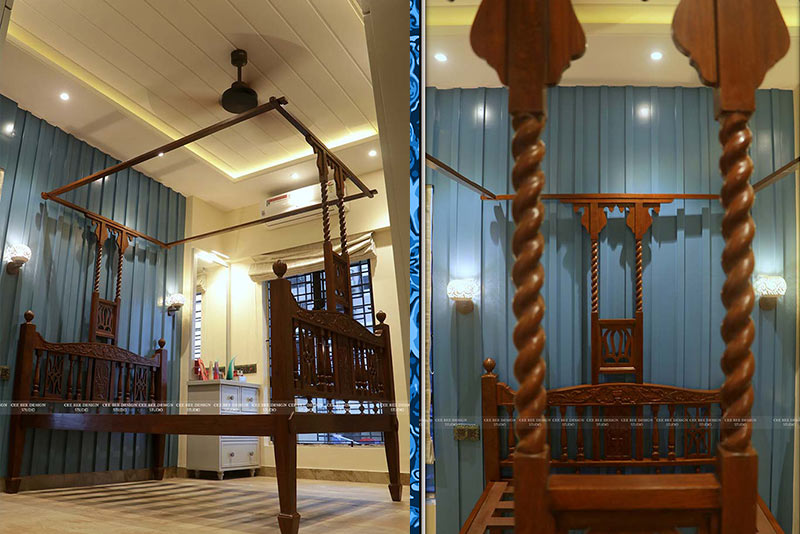 Two pictures of a bed with a swing and a fan.