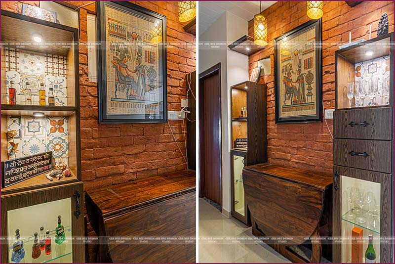 two pictures of a room with a wooden table and cabinet against a brick wall