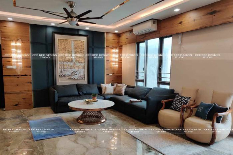 living room interior design with design sofa ac ceiling fan brown wall marvel texture and a sliding door window
