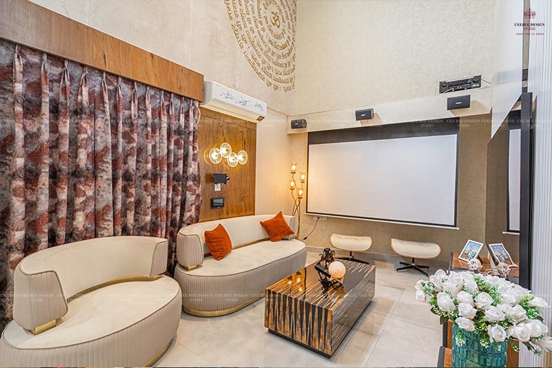 luxury home design with curtains and sofa pillow with table and projector