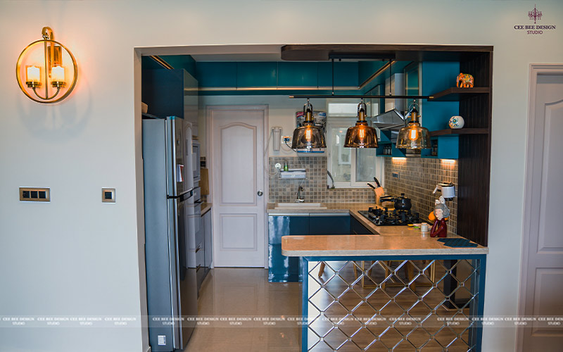Kitchen with blue walls and sink.