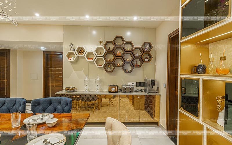 A contemporary dining room featuring a spacious glass cabinet for displaying items.