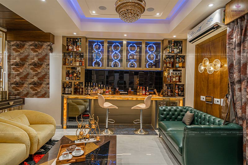 luxury living area with bar counter and furniture and table