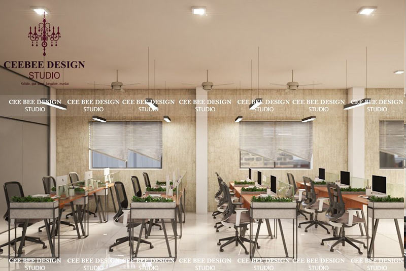 A commercial interior design featuring modern desks and chairs in a stylish office setting.