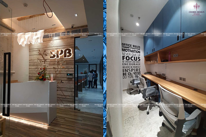 office design of spb with wooden work and warm lighting