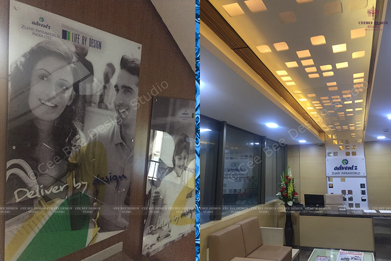 office design with ceiling lighting and poster