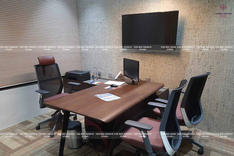office interior design with wooden table and chairs with hanging wall tv