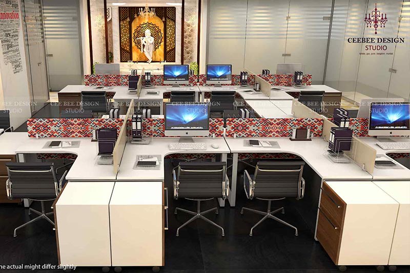 An office with sleek desks and modern computers, showcasing a well-designed interior for optimal productivity.