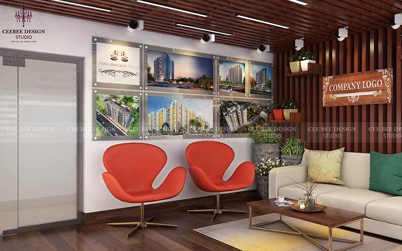 a cozy waiting room inside office with a vibrant red chair and a stylish coffee table