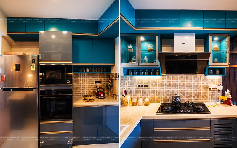 royal kitchen design with blue storage compartment and stove