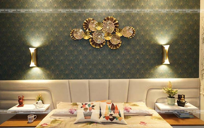 whimsical wallpaper design for living room with sofa 